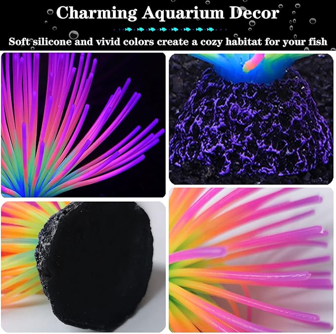 2pcs Silicone Glowing Effect Aquarium Fish Tank Decorations, Artificial Soft Anemone Coral Plants Ornaments for Aquarium Decor Landscape, Glow in Dark Fish Tank Accessories Decorations(Pink)