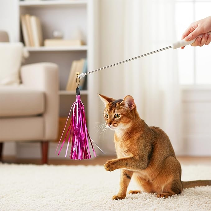 6 Pcs Cat Ribbon Toy, 9 Inches Cat Teaser Wand Toy Replacement with Bell Metallic Foil Tassel Interactive Wand Toys for Indoor Cats Kitten Chase Exercise (Multi Colored)