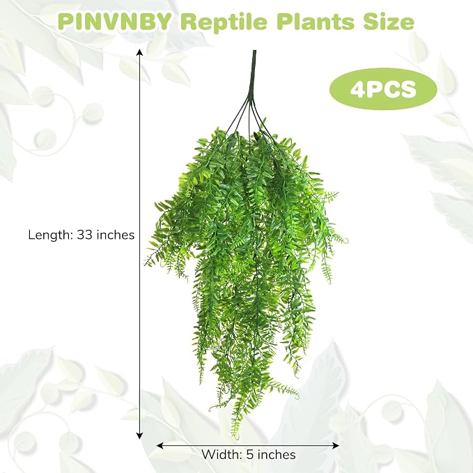 PINVNBY Reptile Plants Hanging Fake Vines Boston Climbing Terrarium Plant with Suction Cup for Bearded Dragons Lizards Geckos Snake Pets Hermit Crab and Tank Habitat Decorations (4 Pack)