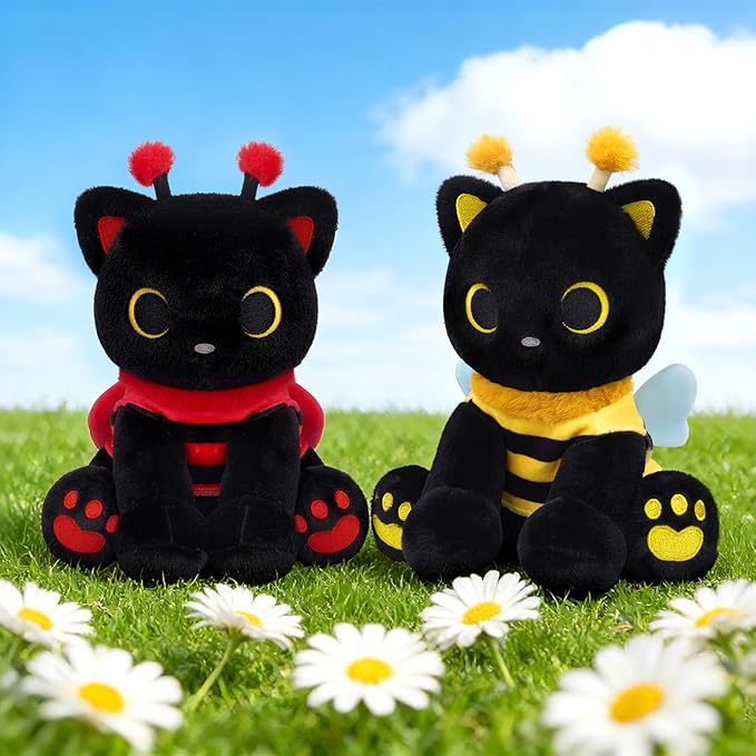 Black Cat Plush with Removable Ladybug Costume, 8inch Black Cat Stuffed Animal with Big Eyes Cute Soft Huggable Toy for Boys Girls,Toddlers Insect-Themed Room Decor Birthday Gifts