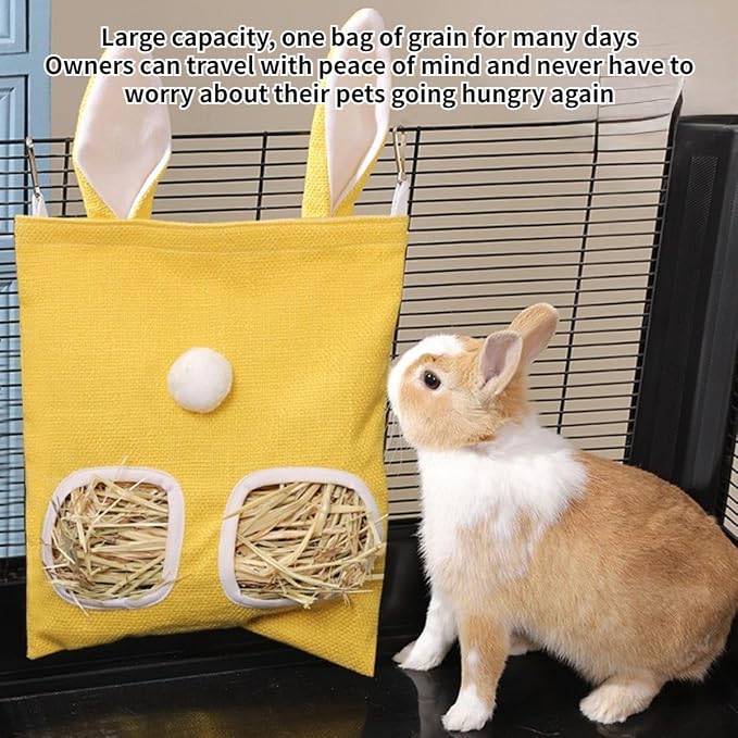 Rabbit Hay Feeder, Bunny Hay Bag for Rabbits,Rabbit Feeder Fabric Bag Feeder Storage Bag,Large Capacity Cotton Canvas Fabric Hanging Hay Feeder Bag for Small Animal,Hay Guinea Pig (Yellow,M)