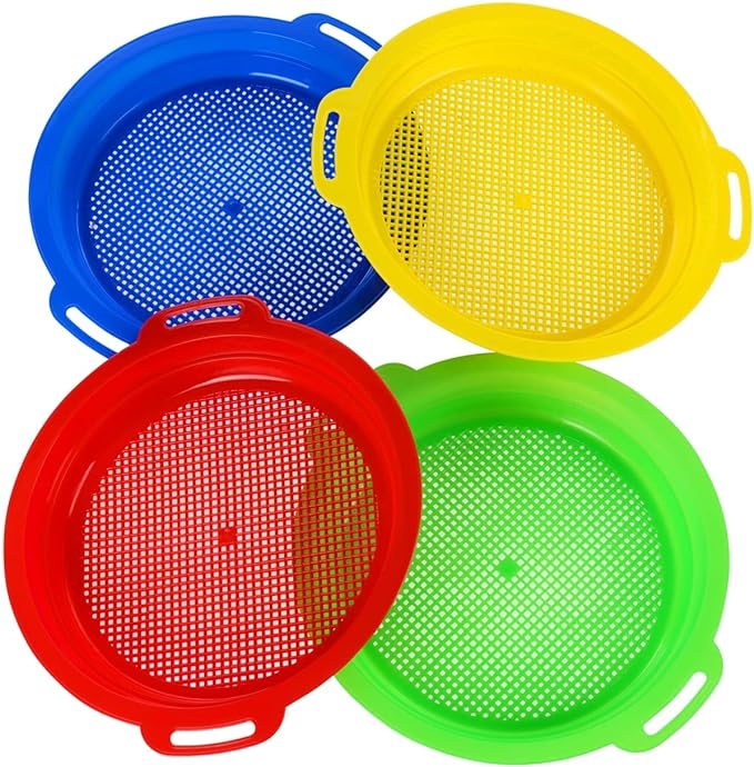 Sand Sifters Sieve for The Beach Sand Toys (Red, Blue, Yellow & Green) Complete Gift Set Bundle-4Pack(8.75x 9.75in)…