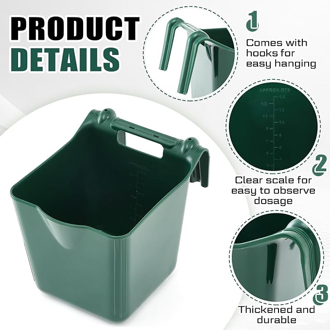 Marsui 6 Pcs 15 Quart Horse Feeders for Stall Hook Over Hanging Fence Hay Feeder Mountable Livestock Plastic Feed Bucket for Farm Stalls Pasture, Stable to Feed Horses Sheep Cattle Cows Etc (Green)
