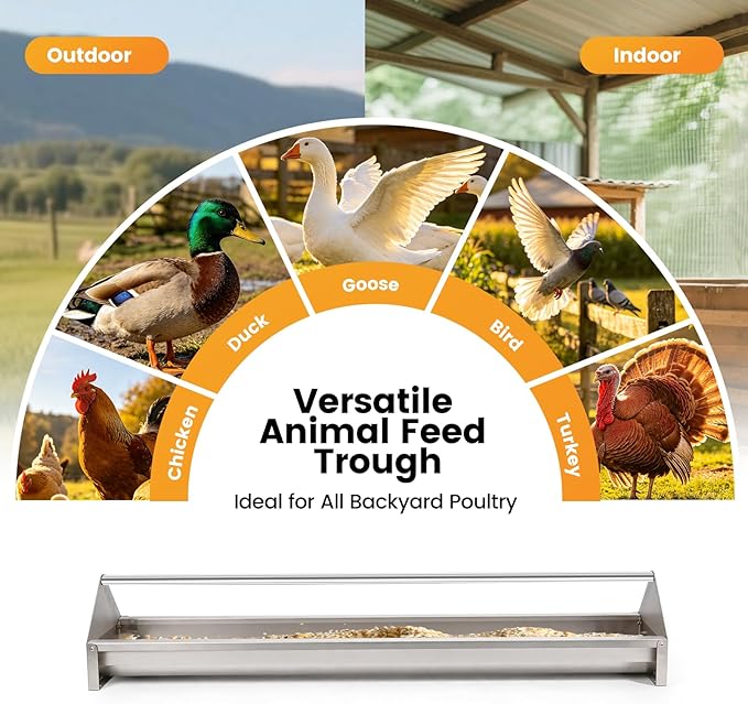 Chicken Feeding Trough 45" Large Capacity Stainless Steel Chicken Feeder Trough with Drainage Holes & Crossbar Poultry Feeder Trough for Chicken,Duck,Geese,Turkey Coop Accessories Supplies