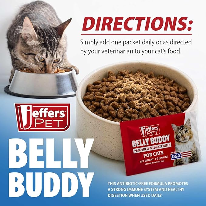 Jeffers Belly Buddy Cat Probiotic Powder Packets, 30 Count - Veterinary Formulated, Four Probiotic Strains & Vitamins for Gut Health, Diarrhea & Digestive Balance, Chicken Liver Flavor, USA Made