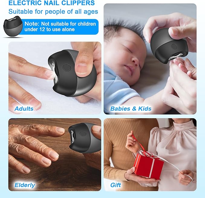 Electric Automatic Nail Clipper with Light, 2-Speed Trimmer, USB Rechargeable, Nail Scraps Storage & Magnetic Cover, Safe for Babies, Kids, Seniors & Adults