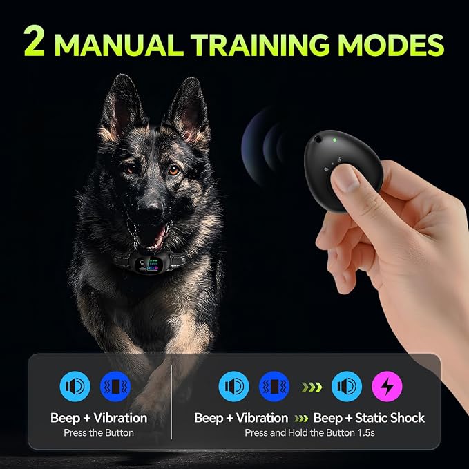 Dog Bark Collar with Remote – 2-in-1 Automatic & Manual Modes, Smart Anti Bark Dog Training Collar with Beep, Vibration & Shock, 330FT Range, IP67 Waterproof, Rechargeable (8-150lbs)