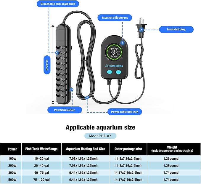 500W Submersible Fish Tank Heater for 70-120 Gallon with Auto Shut-Off When Leaving Water—Aquarium Heater, Dry-Burn & Overheat Protection, Smart LED Display, Freshwater Saltwater bigTank
