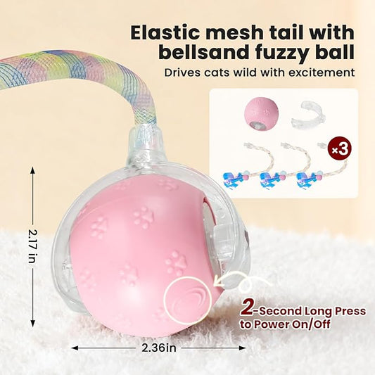 Rocfish Cat Toys, Cat Toys for Indoor Cats, Cat Toys Interactive, 360° Rotating Automatic Interactive Cat Ball, Smart Activation, LED Light, Type-C Rechargeable, 3 Replaceable Dragonfly Tails (Pink)