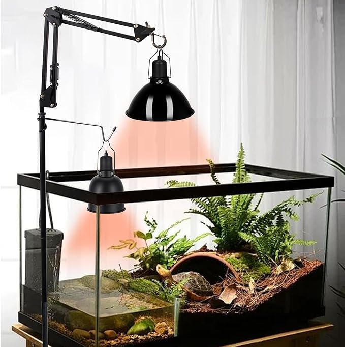 Reptile Heat Lamp Stand Adjustable Height 15.7-65.7 Inch Double Hooks Floor Light Holder with 360° Swing Arm and Phone Bracket for Reptile Glass Terrarium Heating Light, Black