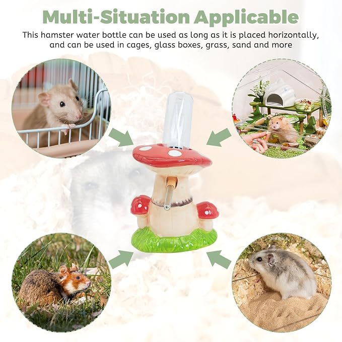 PINVNBY Hamster Water Bottle No Drip Ceramic Automatic Gerbil Water Bottle 80ML Water Dispenser with Mushroom Stand Holder for Gerbils Syrian Hamsters Dwarf Hamsters Mice (Red)