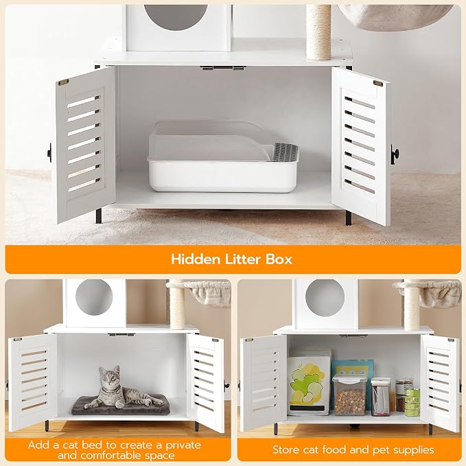 HOOBRO Cat Tree with Scratching Posts, Cat Tower Litter Box Enclosure Furniture for Indoor Cats, All-in-One Wooden Cat House Condo with Cat Hammock, Detachable Teaser Sticks, White BW14MZ03