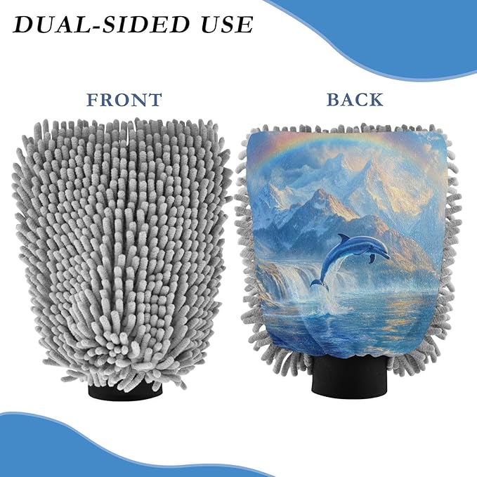 Car Wash Mitt Microfiber Wash Mitts for Car Washing Scratch-Free Cleaning Gloves Soft Non Absorbent Chenille Auto Hand Mitt Medium 2Pack Rainbow Dolphins Jumped Out Blue