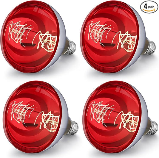 VIHOSE 4 Pack 125 Watt Heat Lamp 120v R40 Heat Lamp Bulbs Glass Incandescent Light Bulbs Incandescent Heating Lightbulbs for Reptiles Chicks Food Puppies Bathroom, Use E26 Base (Red)