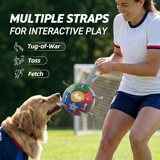 QDAN Dog Soccer Ball with Straps, 7 Inch World Cup Soccer Ball for Dogs, Water Toy, Dog Ball Toys for Medium Large