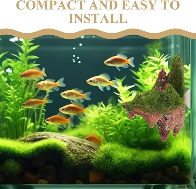 POPETPOP Floating Aquarium Rock Decorations, Set of 2 Suspended Moss Stones for Fish Tank, Avatar Style Floating Island Mountain, Yellow Ethereal Landscape Decor with Suction Cups