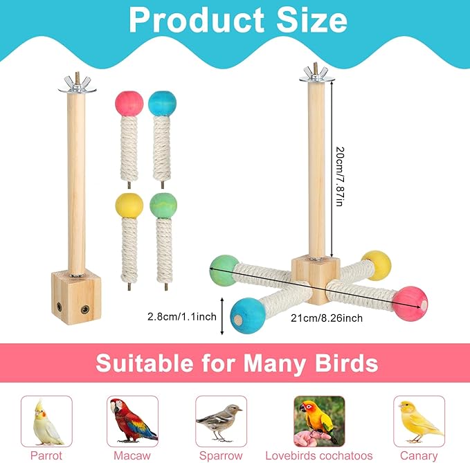 Grevosea Bird Toys for Parakeets, Wooden Bird Stand Perch Toy Interactive Rotating Parakeet Toys Parrot Perch for Parakeets Budgie Cockatiel Cage Accessories Small to Medium Birds