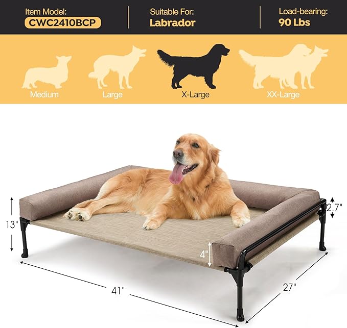 Veehoo Elevated Raised Dog Bed-Cooling Outdoor Dog Cot Bed for Large Sized Dogs Three-Sided Fence Raised Pet Cot with Mesh & No-Slip Feet Dog Hammock Bed with Removable Bolster-41 x 27" Beige Coffee