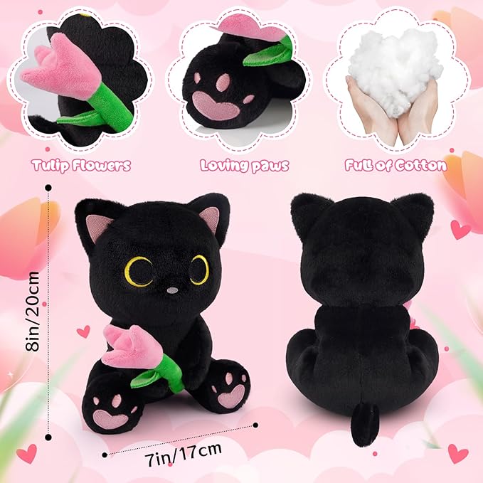 Black Cat Plush Holding Pink Tulip - 8" Kawaii Stuffed Cat with Flower, Soft Cute Plush Toy for Mom, Cute Stuffed Animals for Girls & Kitten Lovers