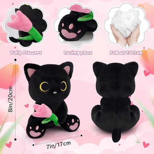 Black Cat Plush Holding Pink Tulip - 8" Kawaii Stuffed Cat with Flower, Soft Cute Plush Toy for Mom, Cute Stuffed Animals for Girls & Kitten Lovers