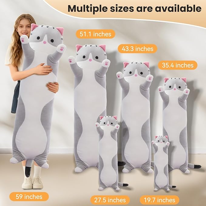 Cute Cat Plush Long Body Pillow – Soft Cartoon Stuffed Animal Doll, Kawaii Cat Plushie Cuddle Toy for Kids, Girls & Girlfriend (Gray, 59 Inch)