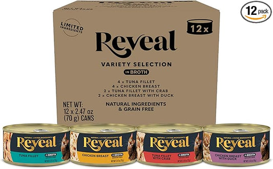 Reveal Natural Wet Canned Cat Food, 4-Flavor Variety Pack, Limited Ingredient, Grain Free, High Protein with No Artificial Additives, Fish and Chicken Variety in Broth (12 x 2.47 oz Cans)