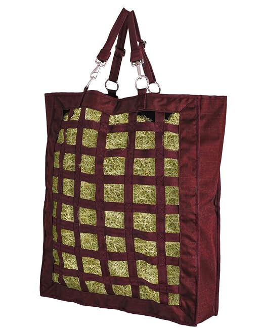 QHP Hay Bag for Horses | Slow Feed Horse Hay Bag | Horse Hay Feeder | 2.4" Mesh | Holds up to 13 lbs | Durable 600D Polyester | Stall, Trailer & Paddock | 2-Year Warranty (Burgundy)