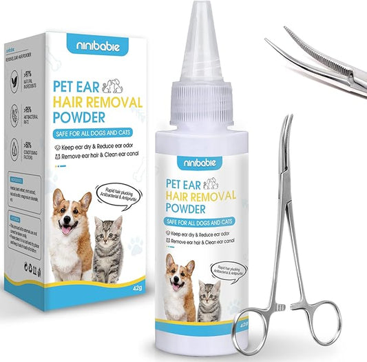Dog Ear Care Kit - Dog Ear Powder for Hair Removal (42g) with Curved Grooming Tweezers - Effective Solution for Smelly Ears, Wax Buildup