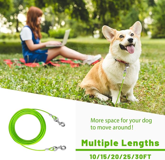 Dog Tie Out Cable 10/15/20/25/30 FT Dog Runner for Yard Steel Wire Dog Cable with Durable Superior Clips Green Dog Chains for Outside Dog Lead for Large Dogs Up to 169 lbs