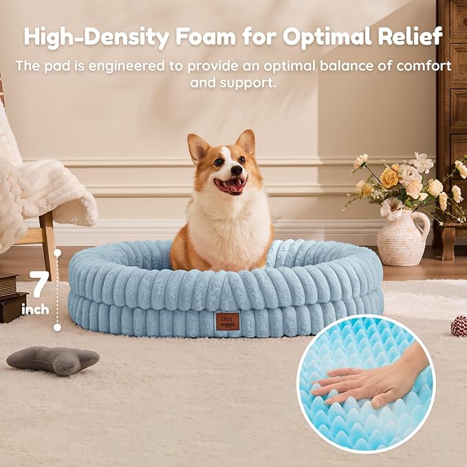ChiXnuggle Dog Bed Large Sized Dog - Luxury Striped Faux Fur Waterproof Pet Couch with Removable Washable Cover, Orthopedic Pet Bed with Bolster Sides for Sleeping, Light Blue