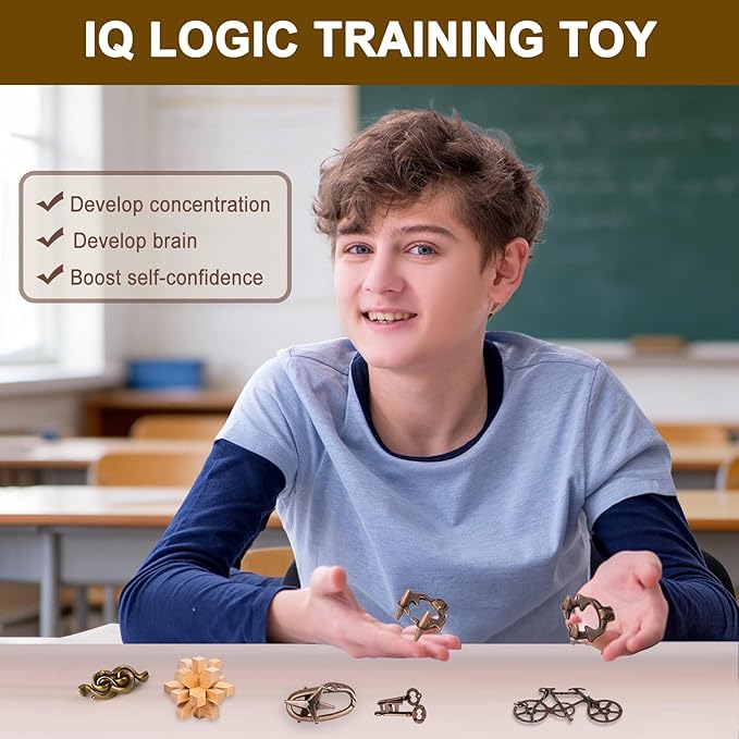 32 Pcs Brain Teaser Puzzles Set for Adults Kids – Vintage Wooden & Metal 3D IQ Game, Challenging Disentanglement Logic Puzzles, Family Party Favor Portable Travel Pouch Set