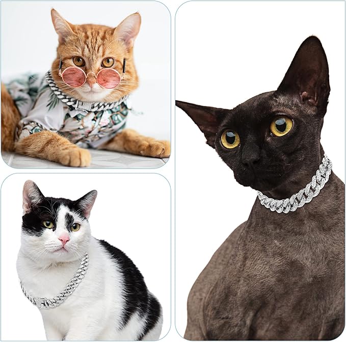 Tallew Silver Dog Chain Diamond Collar Walking Metal Chain Necklace with Secure Buckle Pet Cuban Style Collar Jewelry Accessories for Small Medium Large Dog Cats (8 inch)