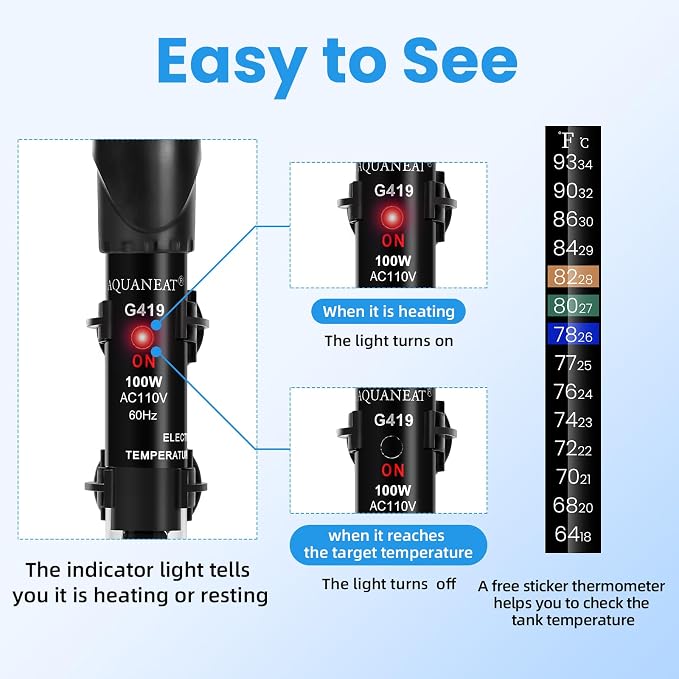 AQUANEAT Aquarium Heater, 100W Fish Tank Heater, Adjustable Submersible Water Thermostat with Thermometer