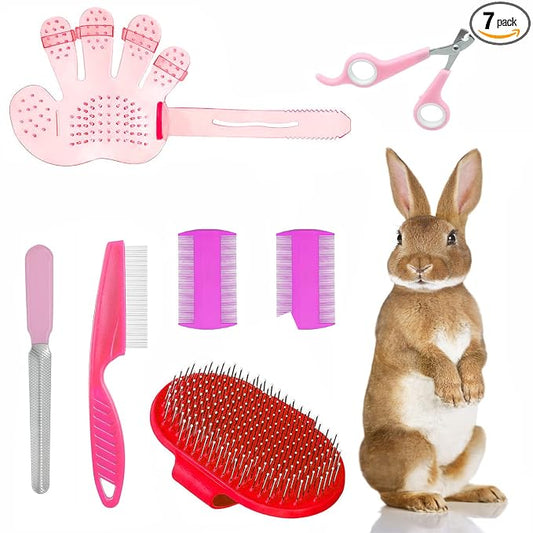 7-Piece Small Pet Grooming Kit: Brush, Nail Clippers, Hair Remover, Shampoo Brush with Hand Strap for Rabbits, Hamsters, Bunnies