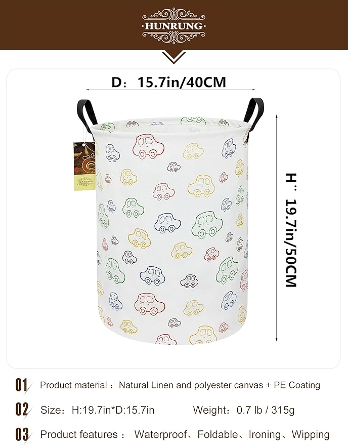 Collapsible Fabric Storage Basket, Waterproof Laundry Hamper with Handles, Round Storage Bin for Clothes Toys, Foldable Organizer for Bedroom Nursery Bathroom(Round-Colorful Car)
