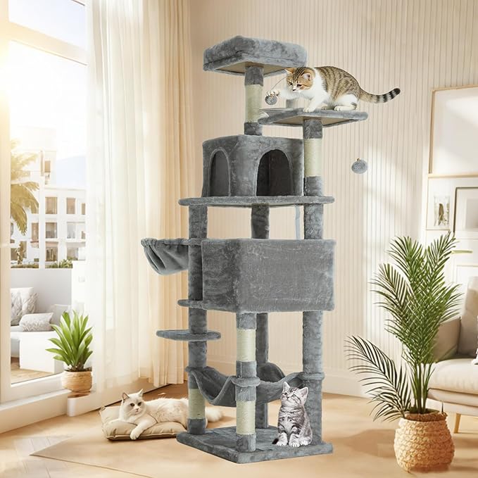 61 Inch Cat Tree with Platform & Hammock, Plush Perch Scratcher & Playhouse for Indoor Cats(Grey)