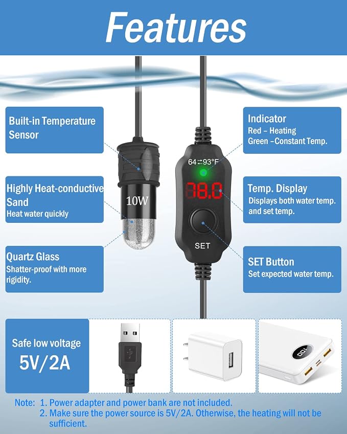 AquaMiracle Mini Aquarium Heater 5V/2A USB 10W Small Fish Tank Heater for Tanks up to 1 Gal, Digital Display Thermostat Betta Heater with Dry-Run & Overheat Protection, Memory Function