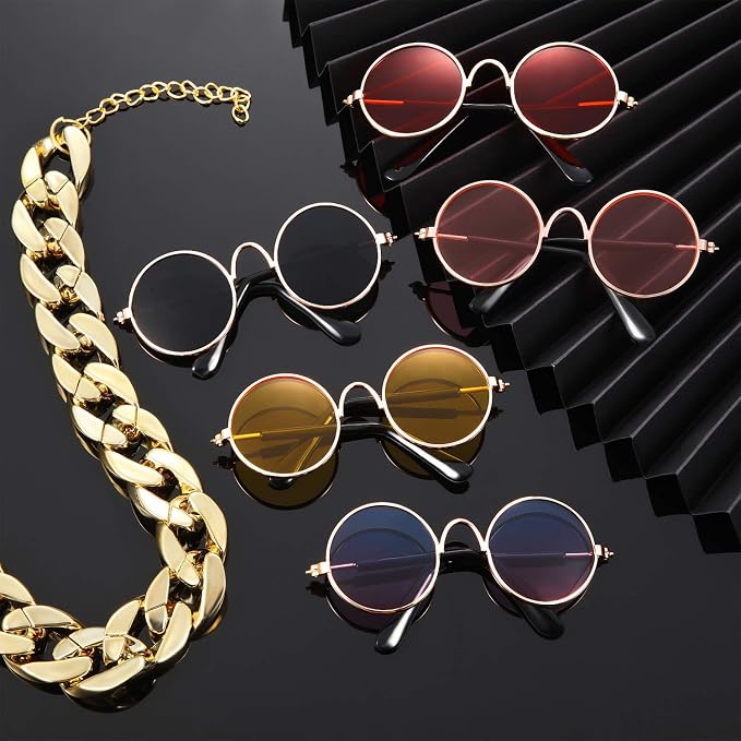 Weewooday 7 Pcs Dog Sunglasses Cats Sunglasses with 2 Gold Chain Retro Round Metal Glasses Funny Cute Cosplay Costume for Small Pet(Vivid Colors,Lovely Style)