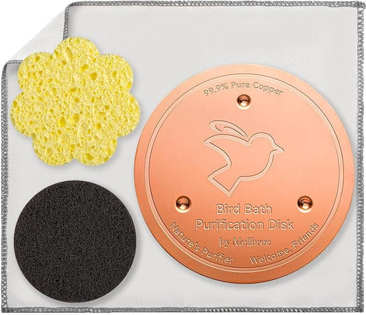 Mellbree Bird Bath Copper Disk & Clean Set, 0.6mm Reinforced 99.99% Pure Copper Cleaning Disk with Cleaning sponges Sandpaper and Microfiber Cloths for Cleaning Bird Baths and Bird Bath Disk