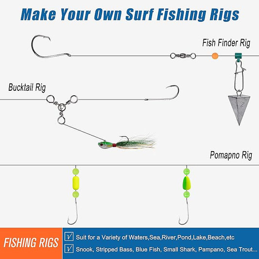 Saltwater Fishing Tackle Kit,160pcs Surf Fishing Gear Set Saltwater Lures Bucktail Jigs Fishing Bait Rigs Pyramid Sinkers Leaders Hooks Swivels Ocean Beach Fishing Accessories with Tackle Box