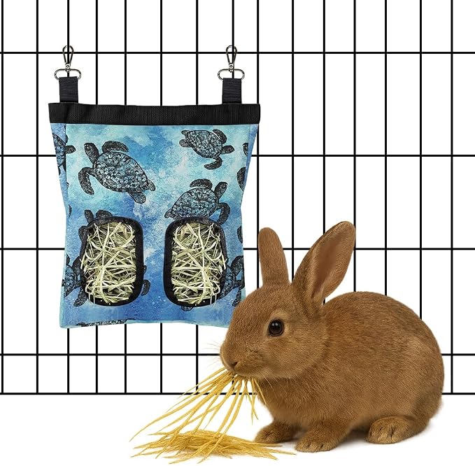 WIRESTER Oxford Hanging Guinea Pig Hay Feeder 11x9 Inch, Rabbit Hay Feeding Storage Bag for Bunny Chinchilla Hamster with Back Hooks, 2 Holes - Ocean Sea Turtles