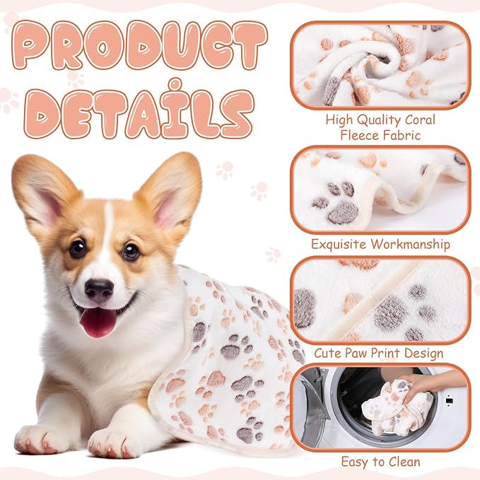 Chumia 40 Pcs Dog Blankets Soft Fluffy Fleece Washable Puppy Sleep Blankets Small Mat for Pets Throw Warm Bed Mat for Dog Puppy Cat (White,Paw)