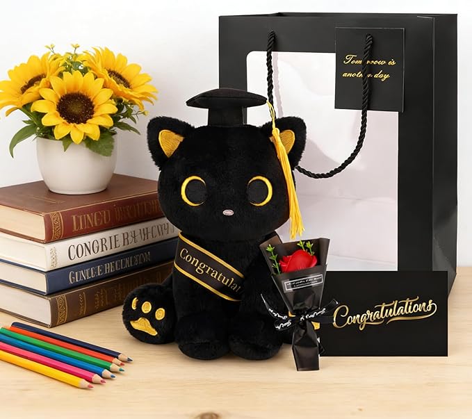 2026 Graduation Gift Set - Black Cat Plush with Soap Rose Bouquet & Card, Class of 2026 Stuffed Animal for Her, Him & Kids, High School College Graduate