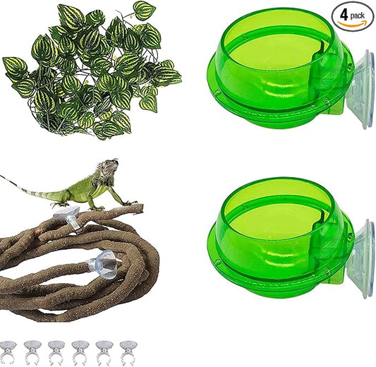 PINVNBY Reptile Suction Cup Feeder,Chameleon Feeding Food Bowl,Translucent Anti Escape Worm Live Fodder Container,Pet Ledge Water Dish Supplies for Lizard Gecko Bearded Dragon(4 Pcs)