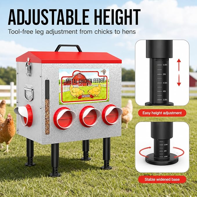 50LBS Metal Chicken Feeder Dispenser with Lid, Adjustable Legs, 8 Feeding Ports, No-Waste & Rodent-Proof Design, Visual Feed Level Indicator, Durable Outdoor Poultry Feeder for Chickens, and Geese