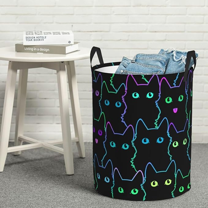 Funny Black Cats Round Laundry Hamper Cute Cat Silhouettes Storage Basket Toys Clothes Organizer Bin For Home Bathroom Bedroom Dorm Nursery, 62l