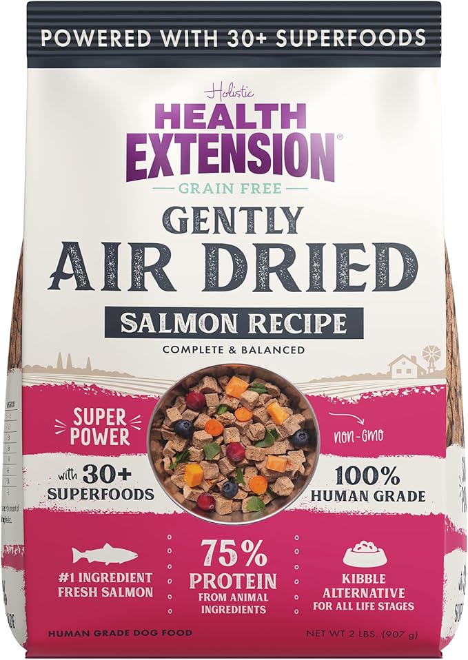 Health Extension Gently Air Dried Salmon Dog Food, (2lb, 907 g) – Complete & Balanced with 85% Animal Protein and 30+ Superfoods for All Life Stages