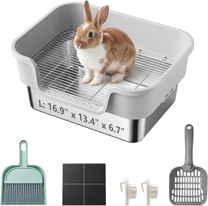 Stainless Steel Rabbit Litter Box with Safety Grid, Large Sifting Bunny Litter Pan for Small Animals, Guinea Pig, Ferret, Easy to Clean, Anti-Urine Leakage Metal Pet Toilet (16.9" × 13.4" × 6.7")