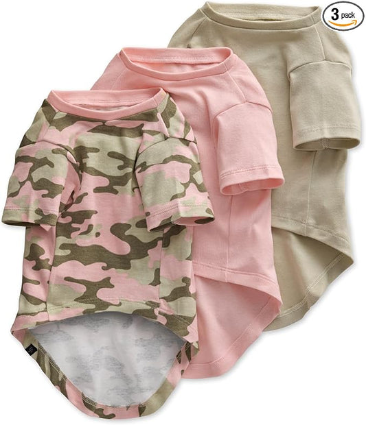 Pet Passion Toby II - The Perfect Tee, 3 Pack Short Sleeve Pet T-Shirt 100% Organic Cotton Tees Clothes for Small, Medium, Large Dogs, Pink Camo, Small (10-25 lbs)