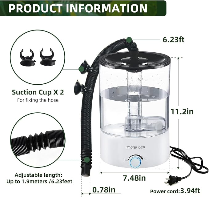 Coospider 4.2L Top Fill Reptile Humidifier, Fogger Mister for Reptiles Tank, Terrariums Humidifiers with Extended Hose/Tube, Reptile Misting System for Reptiles Amphibians Herps Vivarium